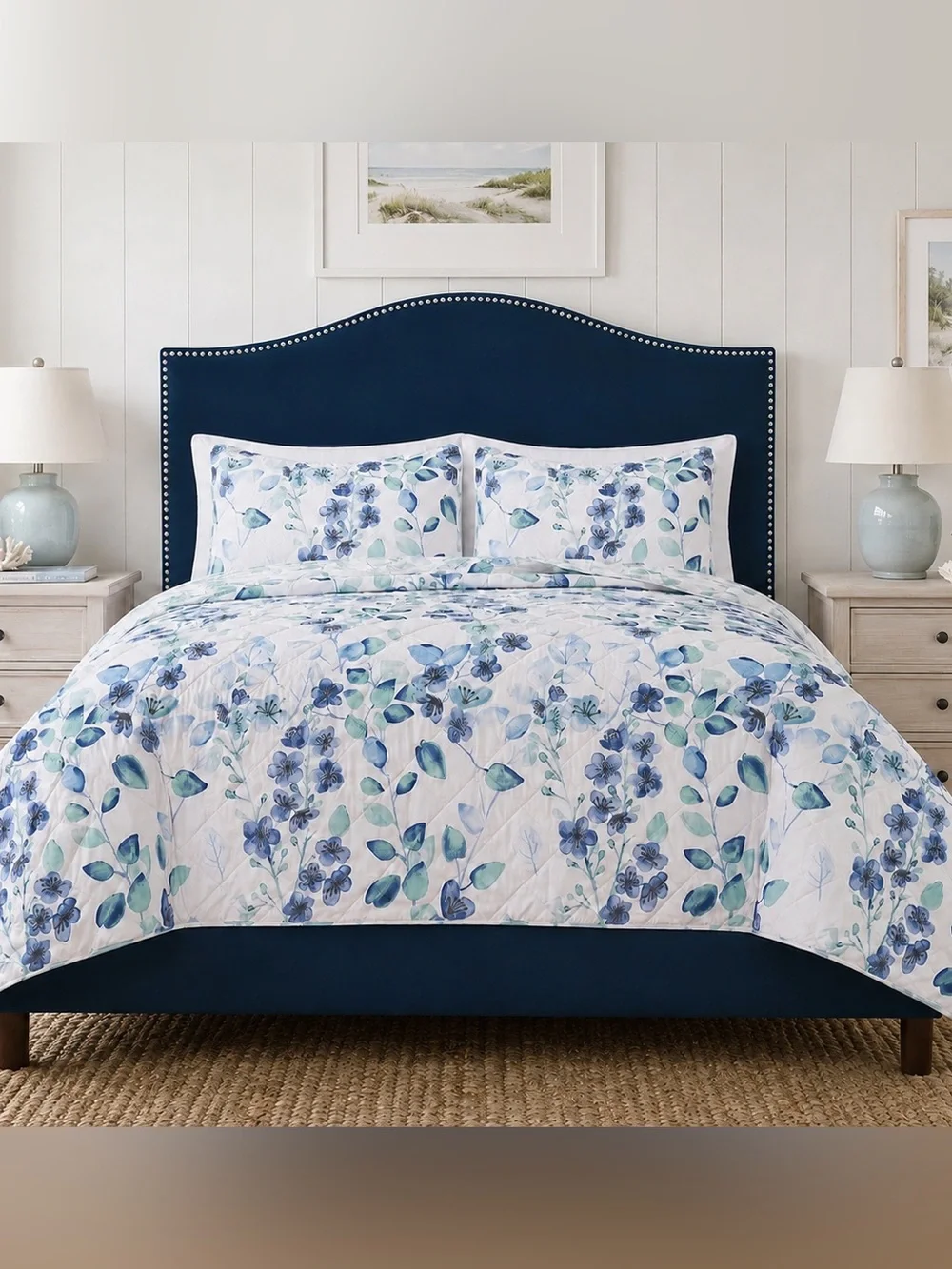New JCPenney King 3-Piece Quilt Set Blue Floral Bedding with 2 Shams